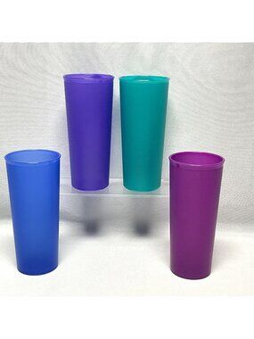Tupperware Set Of 4 Vintage 16 oz Tumblers In Purple Blue & Teal Colors Made In